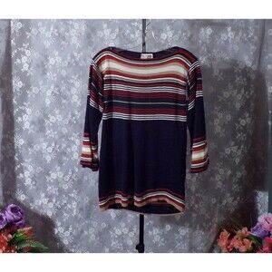 Vintage 70s Knit Top Size Medium 1970s Blue Green Stripes Retro Mod Artsy Hip